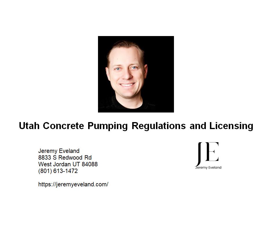 Utah Concrete Pumping Regulations and Licensing guide showing a concrete pump truck with boom extended on a Utah construction site