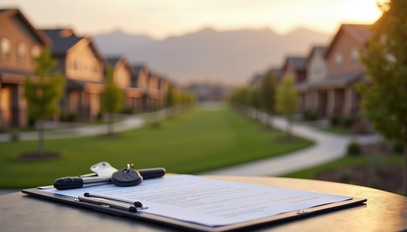 Can an HOA foreclose on a lien in Utah, illustrated by a Utah townhome community with legal documents and house keys