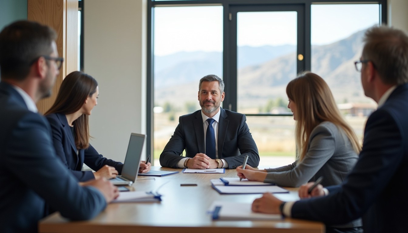 Utah HOA board meeting with an attorney reviewing recorded documents before filing an HOA lien